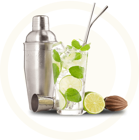 Group 36 Cocktail with lime, mint, shaker, and straws.